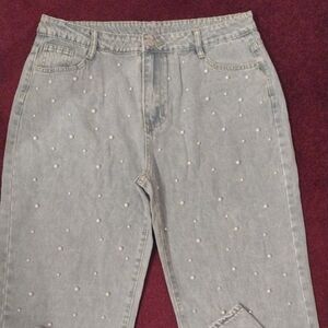 Light Blue Pearl Embellished Women Jeans
